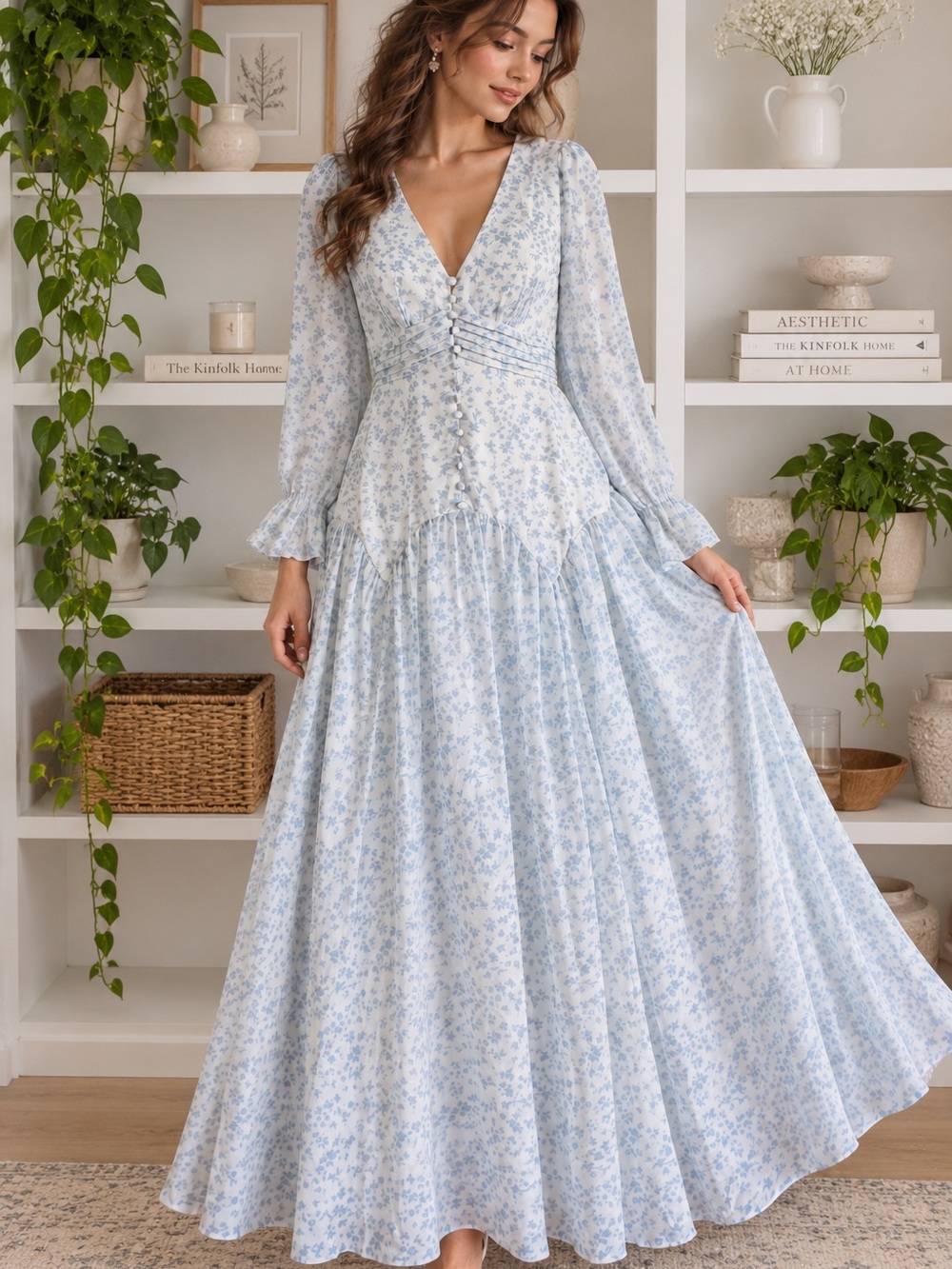 Blue Floral Cottagecore Long Sleeve Maxi Dress Size 4